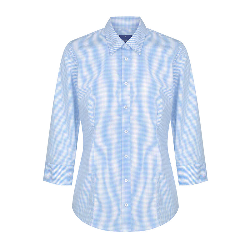 Load image into Gallery viewer, Wesgarth Womens Gingham 3/4 Sleeve Shirt features a contemporary fit, classic collar, and placket front, highlighted by action back pleats and a hidden modesty button, ideal for a professional yet comfortable work environment.