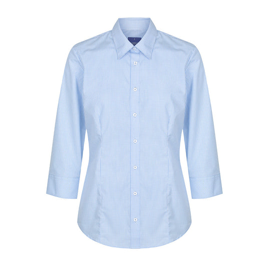 Wesgarth Womens Gingham 3/4 Sleeve Shirt features a contemporary fit, classic collar, and placket front, highlighted by action back pleats and a hidden modesty button, ideal for a professional yet comfortable work environment.