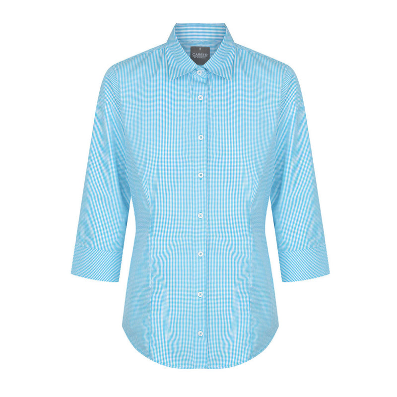 Load image into Gallery viewer, Wesgarth Womens Gingham 3/4 Sleeve Shirt features a classic collar, placket front, and action back pleats, perfect for a polished yet comfortable look, suitable for workplace settings.