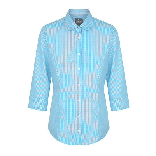 Wesgarth Womens Gingham 3/4 Sleeve Shirt features a classic collar, placket front, and action back pleats, perfect for a polished yet comfortable look, suitable for workplace settings.