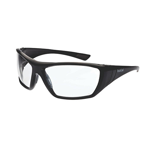 Bolle Hustler Safety Glasses: Clear, featuring a sleek black rectangular frame with high gloss nylon, rubber nose pads for a non-slip fit, and 2mm polycarbonate anti-scratch/anti-fog lenses for eye protection.