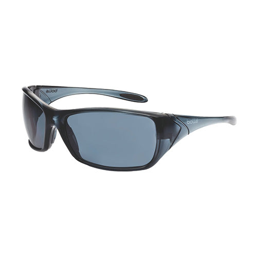 Bolle Voodoo Safety Glasses: Smoke, featuring grey lenses, translucent polycarbonate frame, and rubber nose pads, designed for optimal comfort and protection in active safety environments.