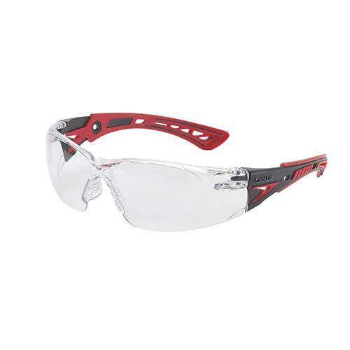 Bolle Rush+ Safety Glasses: Clear, featuring an ultra-sporty design with flexible, co-injected temples and built-in upper brow protection, ideal for workplace safety and comfort.