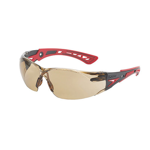 Bolle Rush+ Safety Glasses: Twilight feature an ultra-sporty design with flexible temples and built-in upper brow protection, ideal for active safety needs. Perfect for workplace eye protection.
