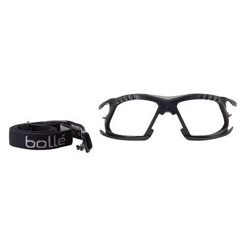 Bolle Rush+ Gasket & Strap Kit displayed, featuring a black strap with white text, designed to attach to Bolle RUSH+ safety glasses, enhancing fit and comfort. Eyewear sold separately.