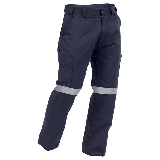 Bison Industry Taped Trouser featuring reflective stripes, durable triple-stitched seams, multiple utility pockets, double-thickness knees, and a secure button waist—ideal for workplace safety and functionality.