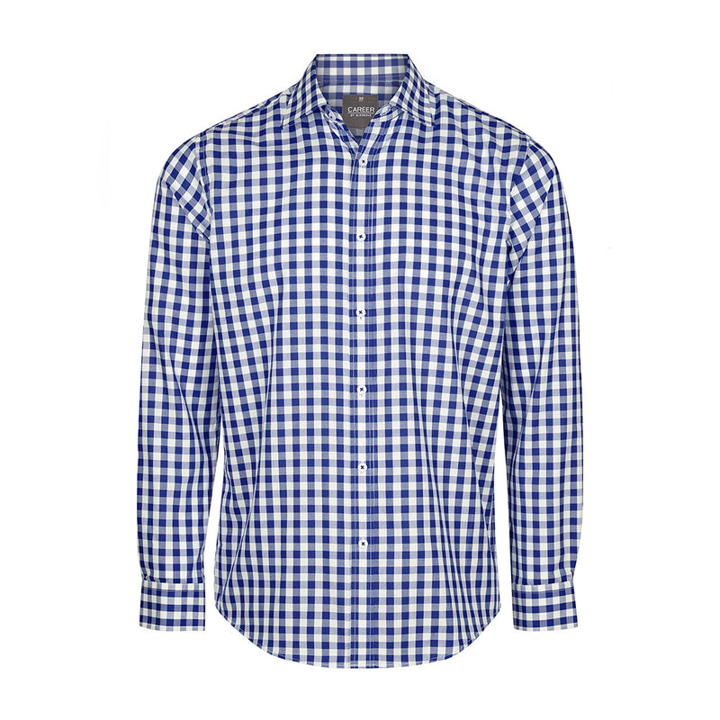 Load image into Gallery viewer, Degraves Royal Oxford Long Sleeve Shirt features a blue and white checkered pattern, classic collar, placket front, and convertible cuffs, ideal for professional and safety-conscious environments.