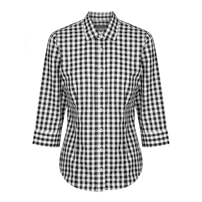 Load image into Gallery viewer, Degraves Royal Oxford 3/4 Sleeve Shirt features a black and white checked pattern with a contemporary fit, classic collar, and split cuff detail, ideal for work environments.