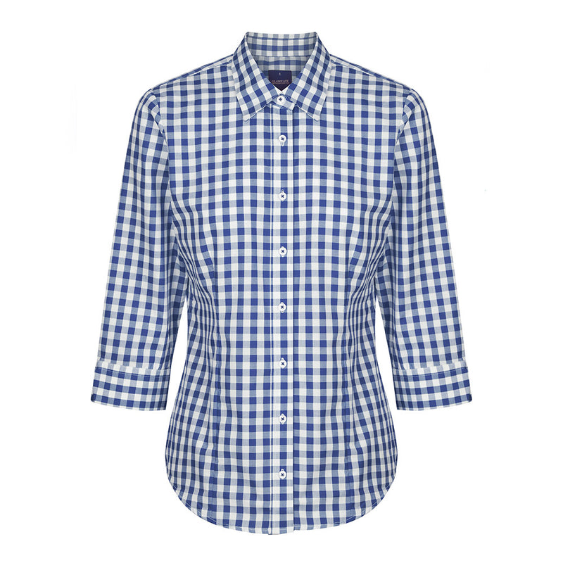 Load image into Gallery viewer, Degraves Royal Oxford 3/4 Sleeve Shirt features a blue and white checkered pattern, classic collar, placket front, and split cuff detail, ideal for a polished, professional look in workplace settings.