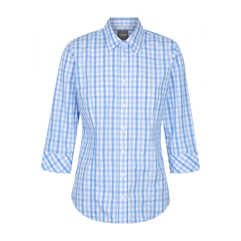 Load image into Gallery viewer, Foxton Womens Tonal Check 3/4 Sleeve Shirt featuring a blue and white plaid design, classic collar, placket front, and bias cut cuff detail, suitable for casual or workplace wear.
