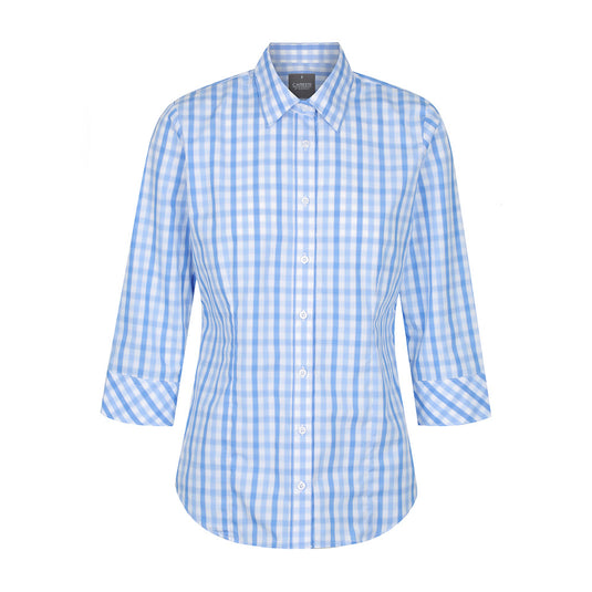 Foxton Womens Tonal Check 3/4 Sleeve Shirt featuring a blue and white plaid design, classic collar, placket front, and bias cut cuff detail, suitable for casual or workplace wear.