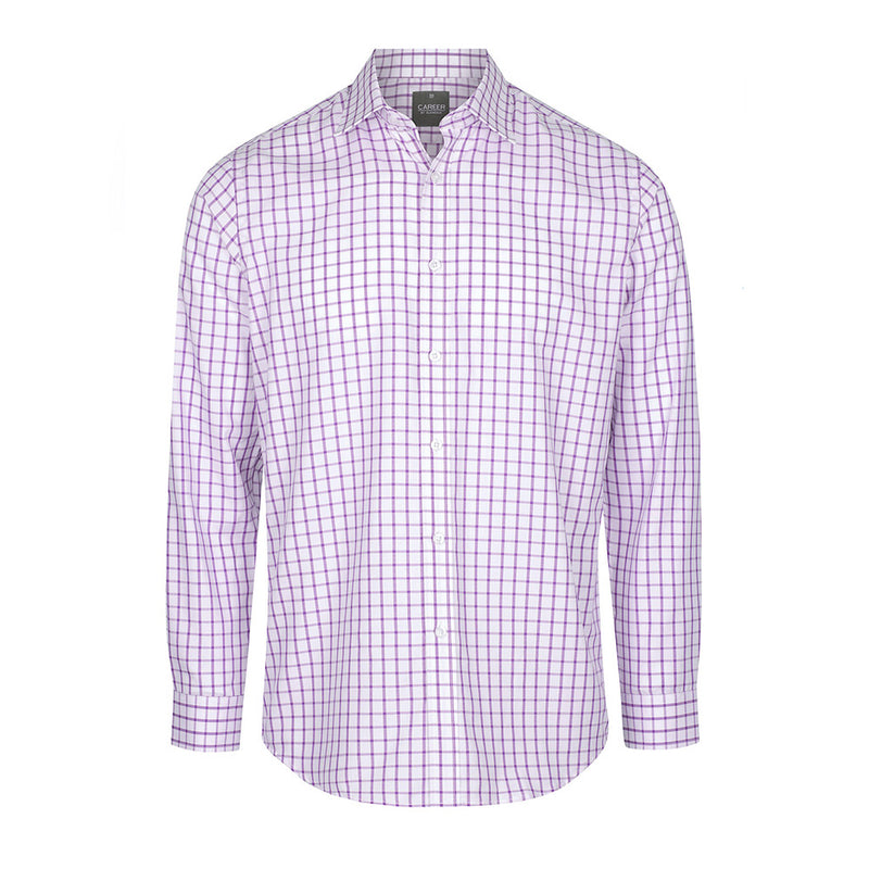 Load image into Gallery viewer, Oxford Check Long Sleeve Shirt with a purple and white checkered pattern, featuring a contemporary fit, placket front, spread collar, and convertible cuff, ideal for professional and safety-focused environments.