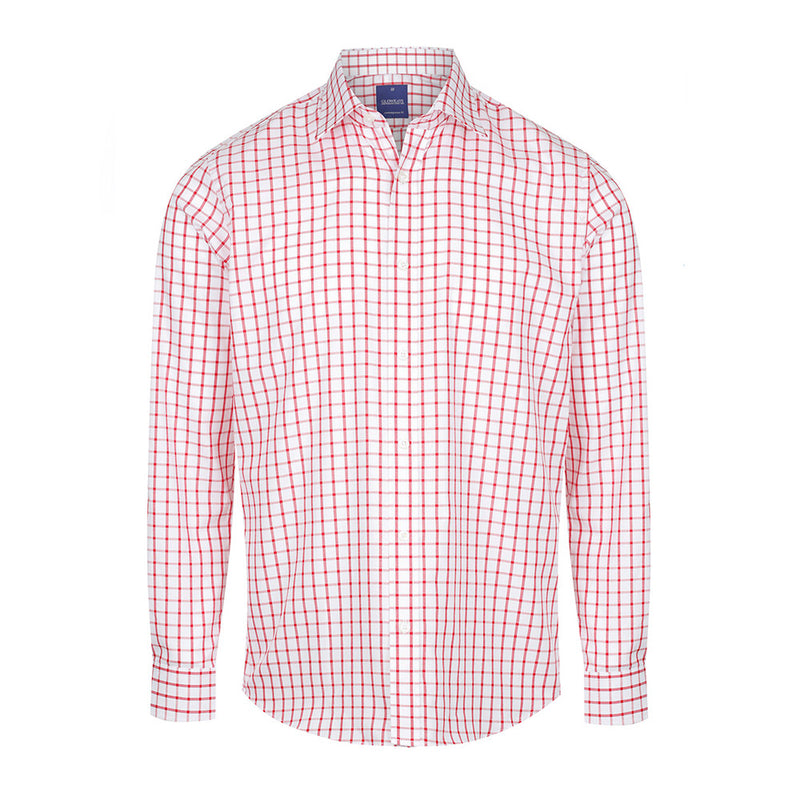 Load image into Gallery viewer, Oxford Check Long Sleeve Shirt featuring a red and white plaid pattern, contemporary fit, placket front, spread collar, and convertible cuffs, suitable for workplace uniforms and safety environments.