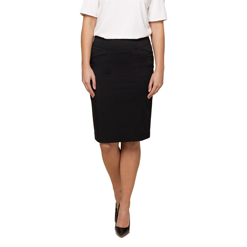 Load image into Gallery viewer, Elliot Womens Pencil Skirt features a slim fit with a curved waistband, scooped side pockets, and a tapered hem, ideal for fashionable workplace attire. Perfectly suited for a professional and safe work environment.
