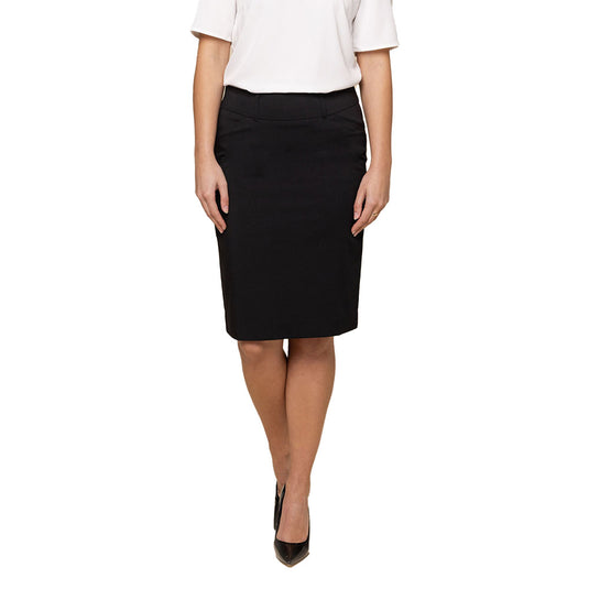 Elliot Womens Pencil Skirt features a slim fit with a curved waistband, scooped side pockets, and a tapered hem, ideal for fashionable workplace attire. Perfectly suited for a professional and safe work environment.