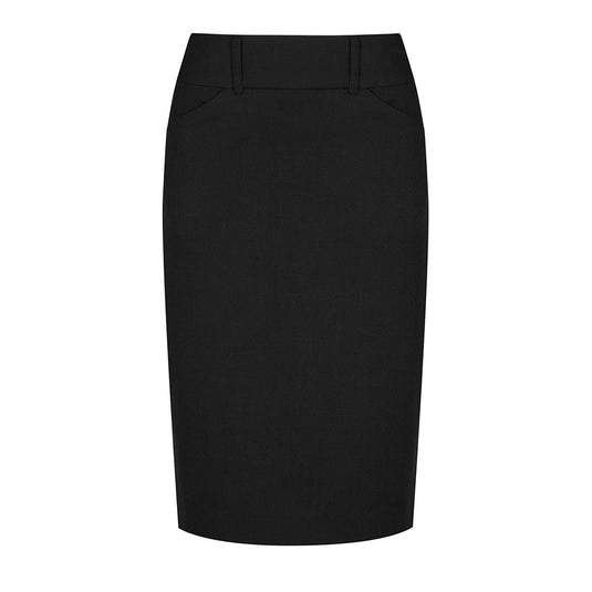 Elliot Womens Pencil Skirt featuring a slim fit, curved waistband, scooped side pockets, and a tapered hem. Ideal for professional settings, aligning with Active Safety's commitment to quality workwear.