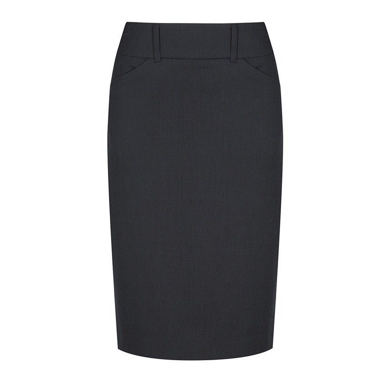 Load image into Gallery viewer, Elliot Womens Pencil Skirt featuring a slim fit, curved waistband, and scooped side pockets, ideal for professional settings. The tapered hem adds a sleek touch to this versatile workwear piece.