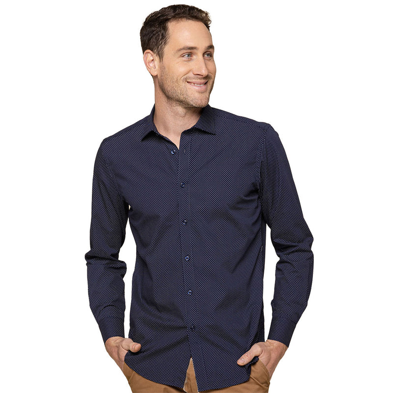 Load image into Gallery viewer, Soho Dot Print Long Sleeve Shirt features a slim fit with a classic collar, placket front, and convertible cuffs, perfect for a refined yet casual look.