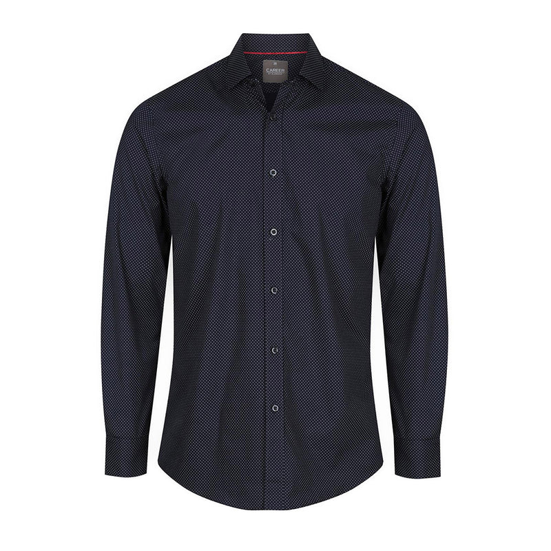 Load image into Gallery viewer, Soho Dot Print Long Sleeve Shirt featuring a slim fit, classic collar, and convertible cuffs. The shirt's black and white polka dot pattern offers a stylish yet professional look suitable for workplace environments.