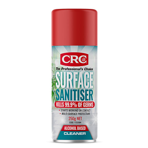 CRC Surface Sanitiser Aerosol 250g can, displaying a red and white logo, designed to sanitize surfaces effectively, suitable for both commercial and residential use, aligning with Active Safety's focus on workplace hygiene products.