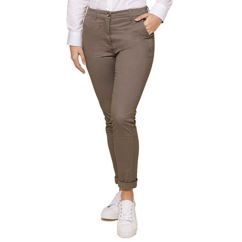 Load image into Gallery viewer, Napier Womens Modern Chino Pant featuring a high-rise waist, tapered leg, turn back cuff, and angled front pockets, worn with white sneakers, ideal for casual and workplace settings.