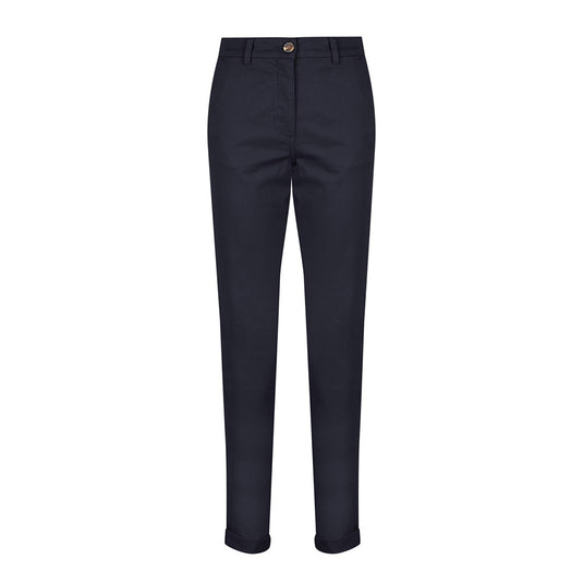 Napier Womens Modern Chino Pant featuring high-rise waist, tapered legs, turn-back cuffs, angled front pockets, and back welt pockets, ideal for stylish workplace safety and uniform needs.