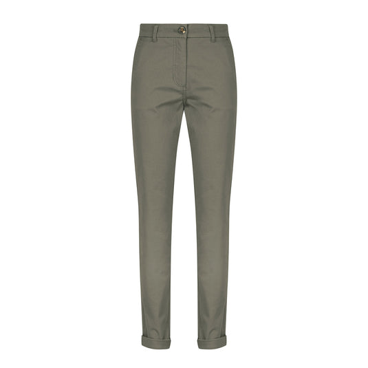 Napier Womens Modern Chino Pant featuring a high-rise waist, tapered legs, turn back cuffs, angled front pockets, and back welt pockets, displayed on a white background. Ideal for professional and active settings.