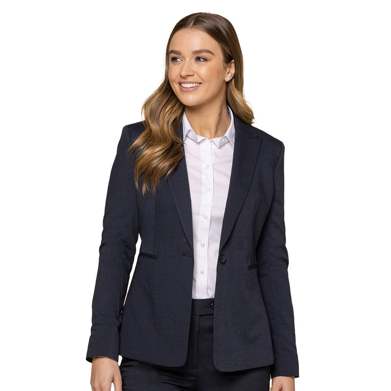 Load image into Gallery viewer, Elliot Womens One Button Jacket featuring a single notch lapel and side jet pockets, designed for professional wear. The jacket is showcased on a smiling woman in a formal setting.