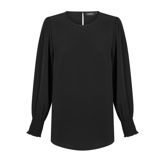 Freya Shirred Cuff Soft Top, featuring long sleeves with shirred cuffs and a keyhole back closure, crafted from luxe twill fabric, ideal for a stylish yet professional look.