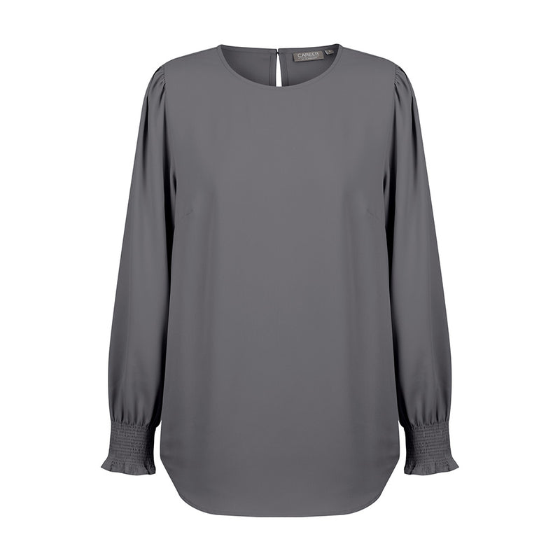 Load image into Gallery viewer, Freya Shirred Cuff Soft Top showcasing luxe twill fabric with elegant ruffles and a keyhole back closure, ideal for professional or work settings.