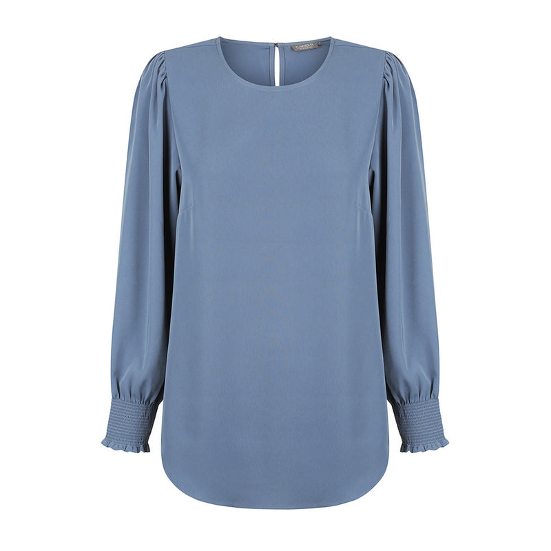 Load image into Gallery viewer, Freya Shirred Cuff Soft Top features elegant ruffles and a keyhole back closure, crafted from luxe twill fabric. Ideal for a polished yet comfortable look, it combines style with practicality.