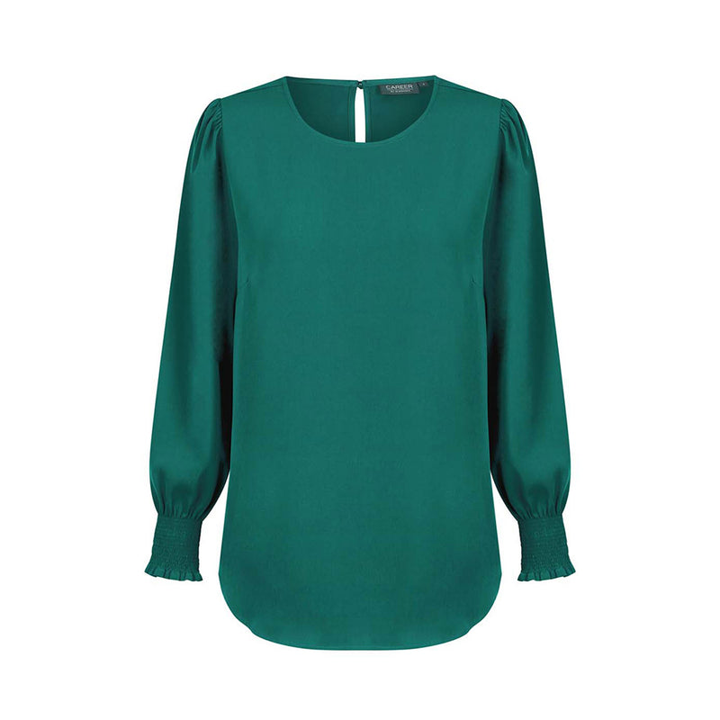 Load image into Gallery viewer, Freya Shirred Cuff Soft Top, featuring luxe twill fabric and ruffled design, visible shirred cuffs, and a keyhole back closure, ideal for a stylish yet comfortable look.