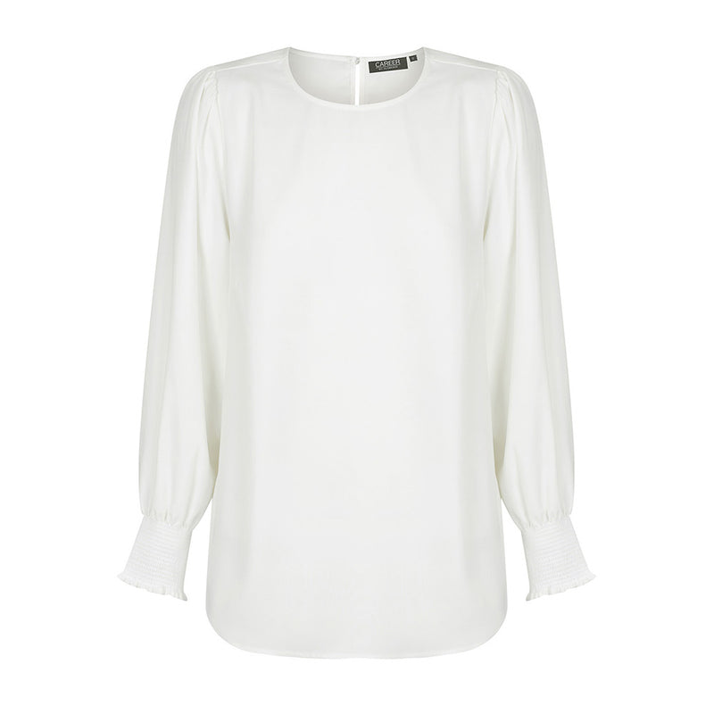 Load image into Gallery viewer, Freya Shirred Cuff Soft Top features a white blouse design with long sleeves, luxe twill fabric, and a keyhole back closure, ideal for professional and casual work settings.