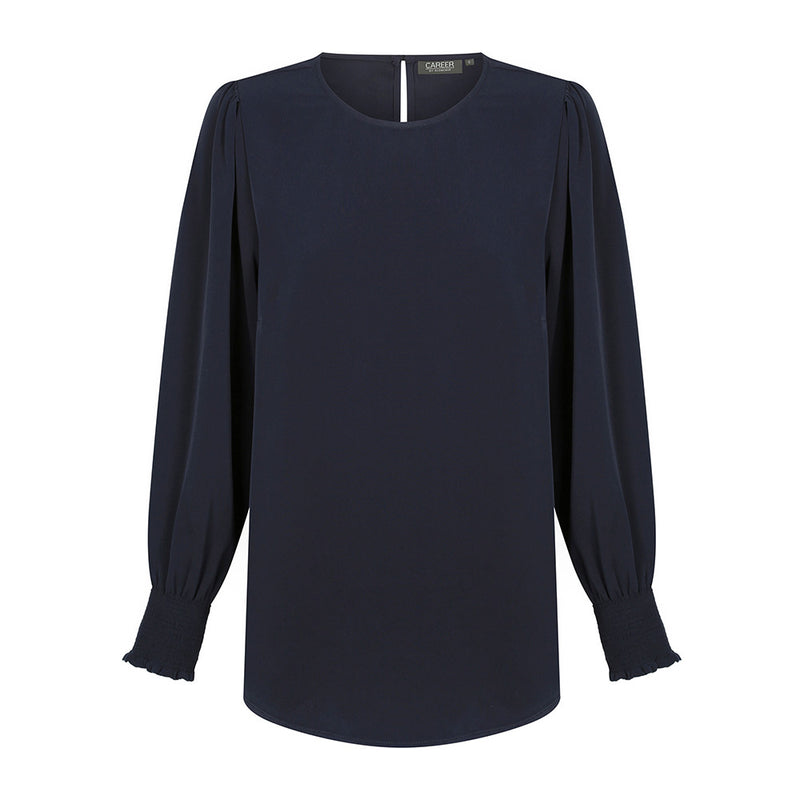 Load image into Gallery viewer, Freya Shirred Cuff Soft Top featuring long sleeves and a keyhole back closure, crafted from luxe twill fabric, perfect for a stylish yet practical addition to safety workwear.