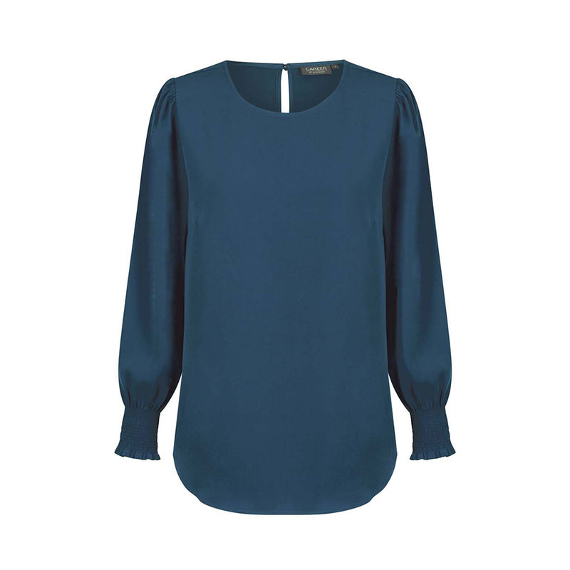 Load image into Gallery viewer, Freya Shirred Cuff Soft Top featuring ruffled accents, puffy sleeves, and a keyhole back closure. Made from luxe twill fabric, ideal for a stylish yet professional workplace look.