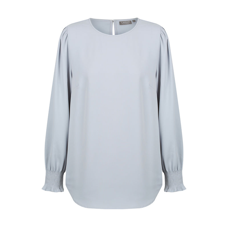 Load image into Gallery viewer, Freya Shirred Cuff Soft Top in luxe twill fabric, featuring delicate ruffles and a keyhole back closure, ideal for a stylish yet professional look suitable for workplace environments.