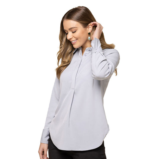Quinn Long Sleeve Soft Top features a sleek design with a concealed 1/2 placket and mitred cuffs, suitable for professional settings. The luxe twill fabric complements workplace uniforms from Active Safety.