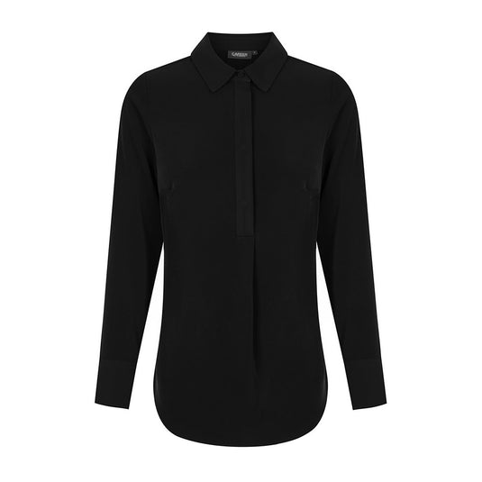 Quinn Long Sleeve Soft Top with a concealed 1/2 placket and mitred cuffs, featuring luxe twill fabric and an inverted center back pleat. Ideal for professional and safety-conscious settings.