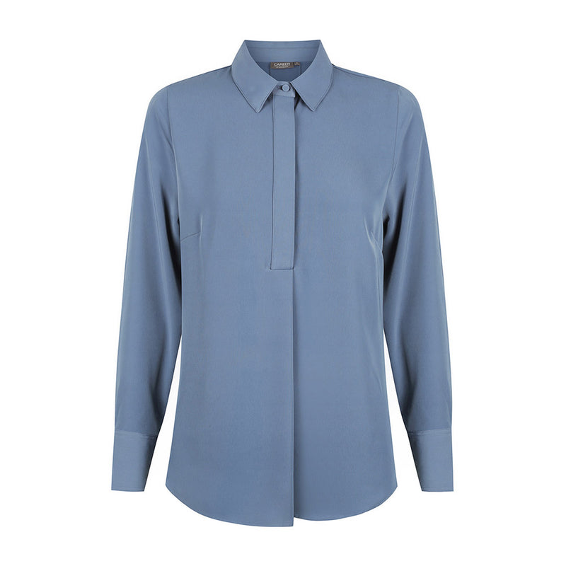 Load image into Gallery viewer, Quinn Long Sleeve Soft Top in luxe twill fabric, featuring a mitred cuff and concealed half placket. The design includes an inverted center back pleat, ideal for workplace attire.