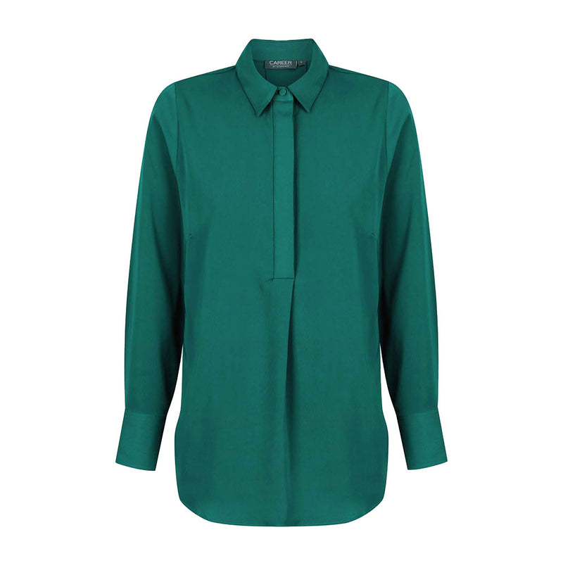 Load image into Gallery viewer, Quinn Long Sleeve Soft Top featuring a mitred cuff, concealed half placket, and inverted center back pleat, crafted from luxe twill fabric. Ideal for professional workwear settings.