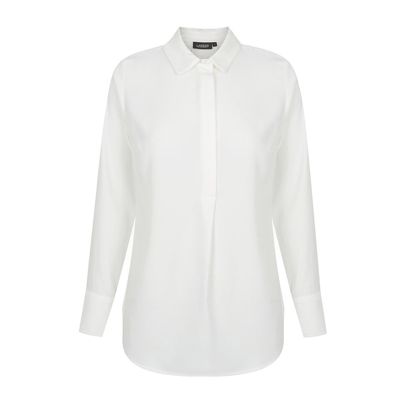 Load image into Gallery viewer, Quinn Long Sleeve Soft Top featuring luxe twill fabric, mitred cuff, and concealed half placket, ideal for professional and uniform settings.