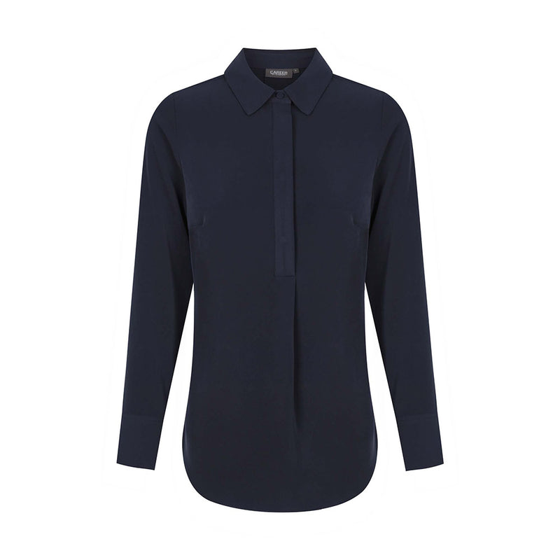 Load image into Gallery viewer, Quinn Long Sleeve Soft Top featuring a sleek design with mitred cuffs and a concealed half placket, crafted from luxe twill fabric, ideal for professional workwear and safety environments.