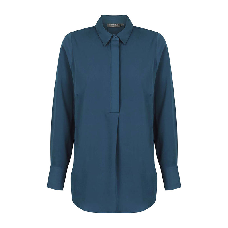 Load image into Gallery viewer, Quinn Long Sleeve Soft Top featuring luxe twill fabric, mitred cuffs, and a concealed half placket, ideal for professional settings. The shirt showcases a refined collar and button details, embodying workplace elegance.