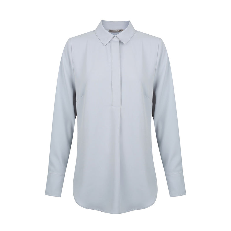 Load image into Gallery viewer, Quinn Long Sleeve Soft Top featuring luxe twill fabric and mitred cuffs. The design includes a concealed half placket and inverted center back pleat, ideal for professional or casual settings.