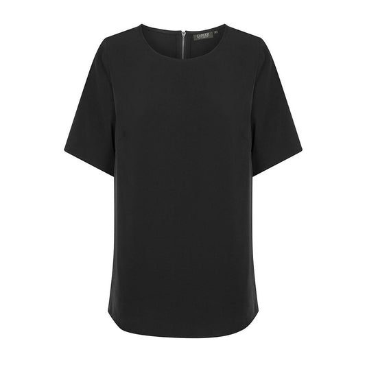 Taylor Short Sleeve Soft Top featuring luxe twill fabric and an exposed back zipper. This sleek, versatile top embodies both style and functionality, ideal for workplace wear.