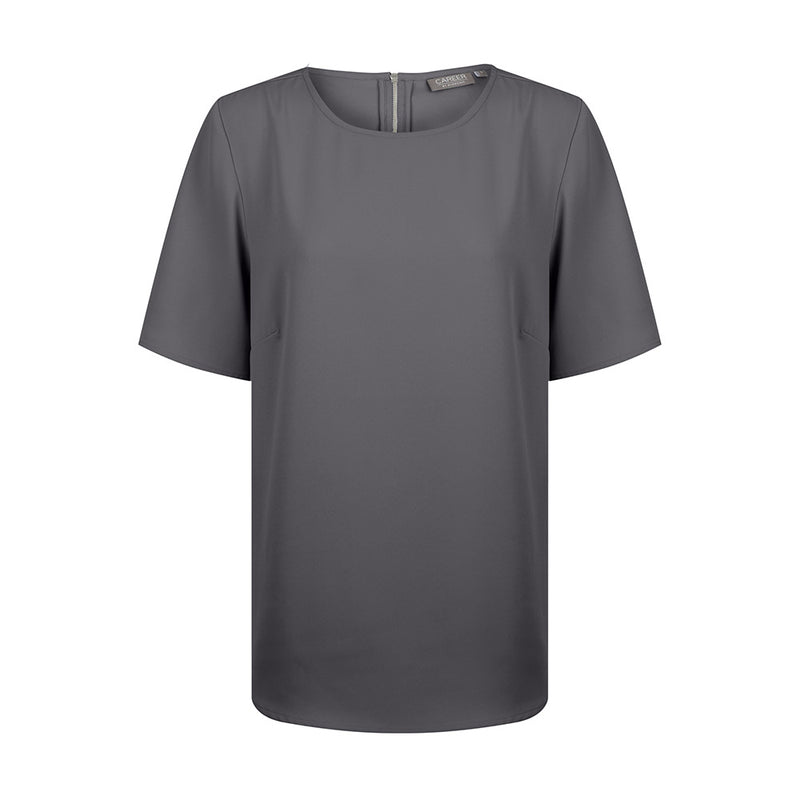 Load image into Gallery viewer, Taylor Short Sleeve Soft Top with a zipper at the center back, featuring luxe twill fabric. Designed for comfort and style, suitable for active and safety-focused environments.