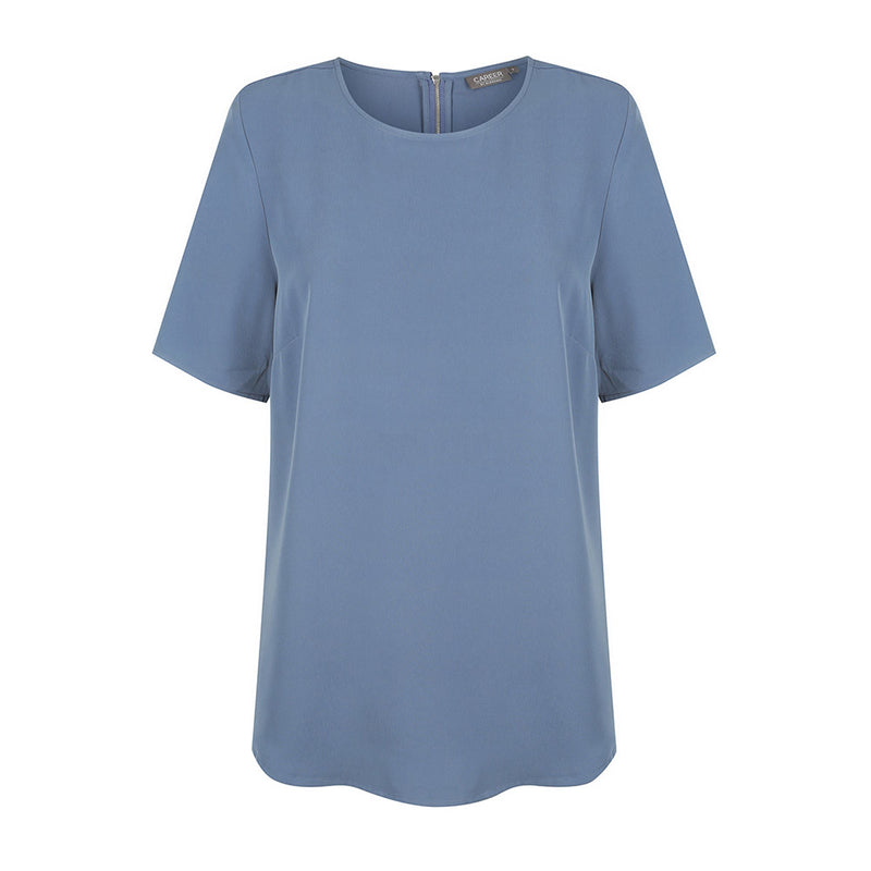Load image into Gallery viewer, Taylor Short Sleeve Soft Top featuring Luxe Twill Fabric and an exposed zip at the center back, designed for comfort and style, ideal for activewear or casual work settings.