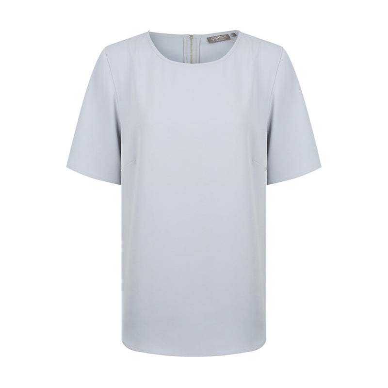 Load image into Gallery viewer, Taylor Short Sleeve Soft Top featuring an exposed zipper at the center back, crafted from luxe twill fabric. Ideal for active wear, this versatile garment combines style and functionality for workplace safety needs.