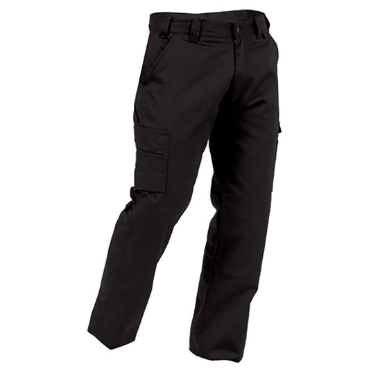 Bison 310gsm Cotton Cargo Trouser featuring slanted front pockets, robust belt loops, twin back pockets with Velcro flap, cargo and ruler pockets, and reinforced knees with knee pad pockets, ideal for workplace safety.