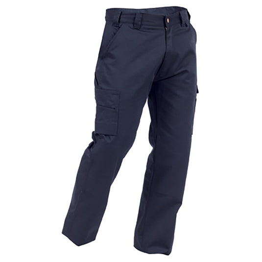Bison 310gsm Cotton Cargo Trouser featuring slanted front pockets, wide belt loops, twin back pockets with Velcro flap, cargo pockets on both legs, a ruler pocket, and double-layer knees with knee pad pockets.